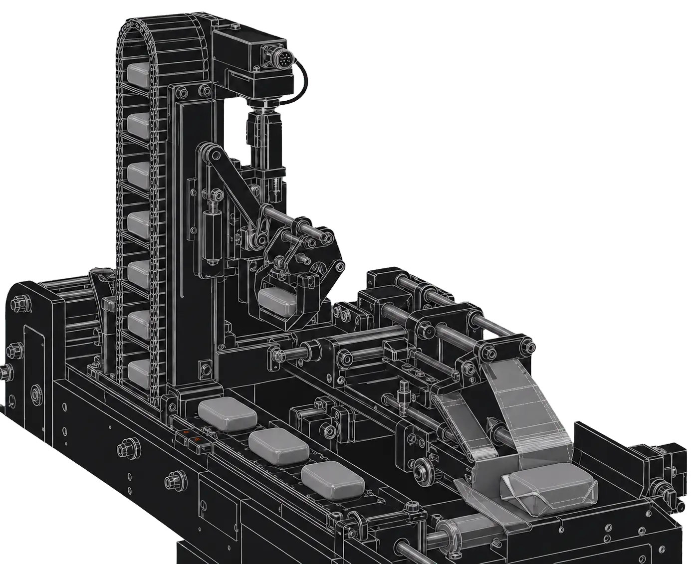 Technical illustration of compatible high-speed soap wrapping machinery